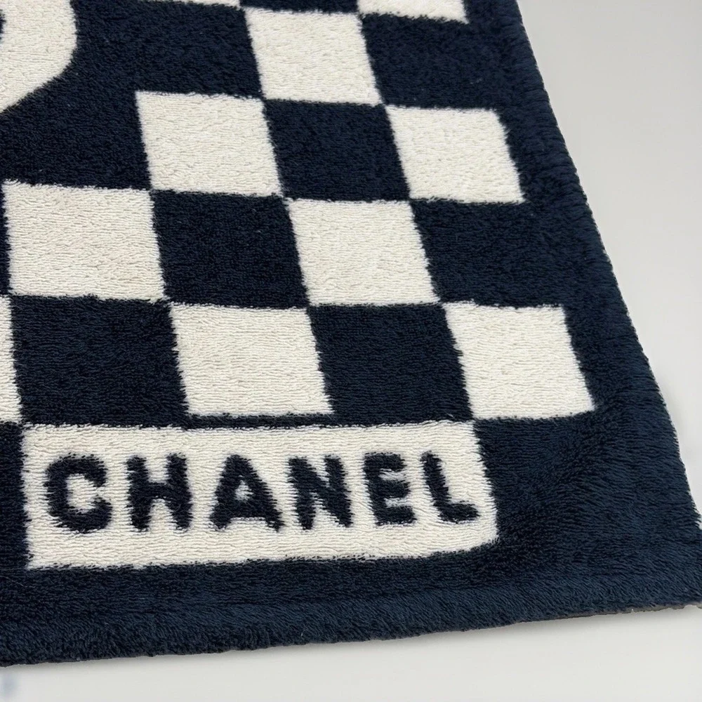 CHANEL Vintage 90's Blue Black White Check CC Logo Beach Towel Made in France